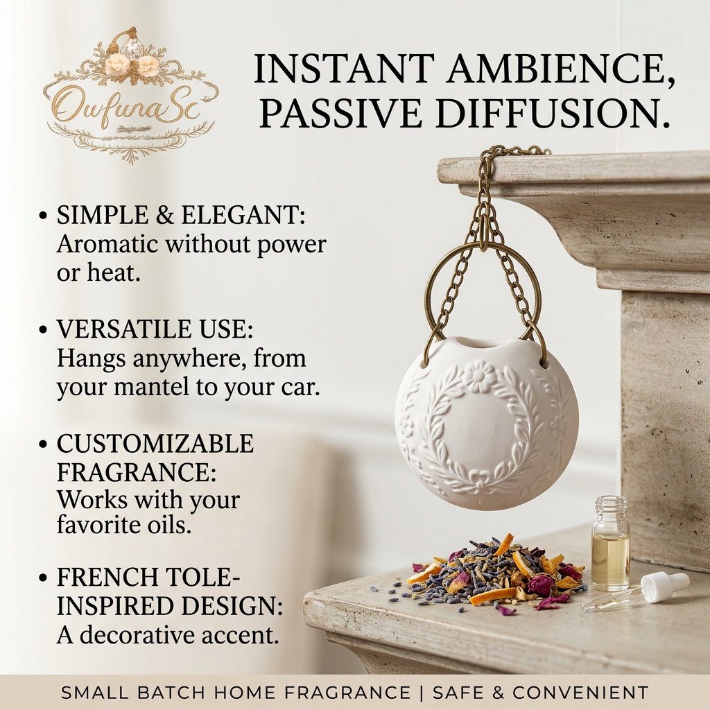 OwfunaSc™ Hanging Ceramic Essential Oil Diffuser - French Tole-Inspired Passive Clay Aromatherapy Ornament for Closet, Car, Mantel & Home, Heatless & Waterless Eco-Friendly Air Freshener
