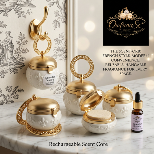 OwfunaSc™ French Vintage Hanging Scent Orb - Reusable Ceramic Air Freshener & Essential Oil Diffuser for Closet, Wardrobe, Car, and Home - Refillable Scent Core with Lavender Serenity Fragrance Oil