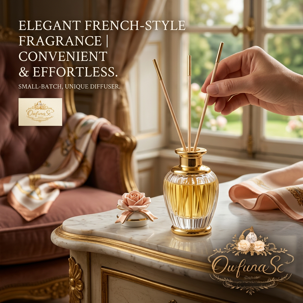 OwfunaSc™ Luxury French-Style Reed Diffuser Set | Ribbed Glass Aroma Bottle with Gold Trim & Ceramic Rose Decor | Long-Lasting Premium Essential Oil Room Freshener for Home, Bedroom & Office Aesthetic