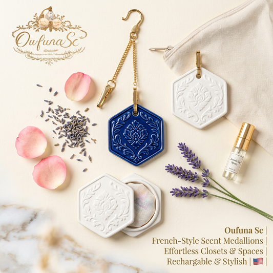 OwfunaSc™ French-Style Ceramic Scent Medallions - Reusable Hanging Closet Air Freshener, Refillable Wardrobe Deodorizer, Decorative Relief Aroma Diffuser for Closets, Drawers, Cars & Small Spaces