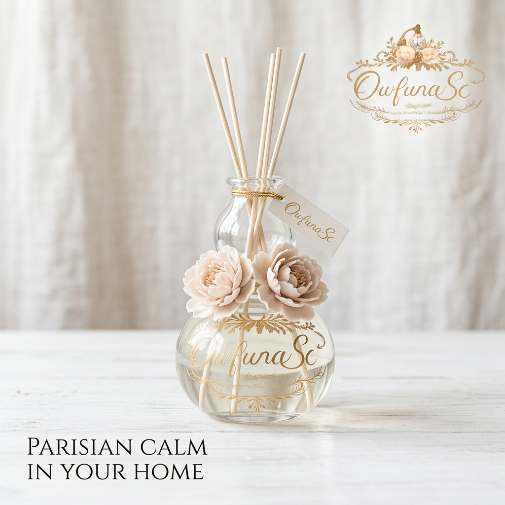 OwfunaSc™ Parisian Calm Reed Diffuser Set - Luxury Home Fragrance with Natural Rattan Sticks & Handcrafted Flower Accents, Long-Lasting Essential Oil Aromatherapy Diffuser in Elegant Glass Bottle, Perfect Gift for Bedroom, Living Room & Spa