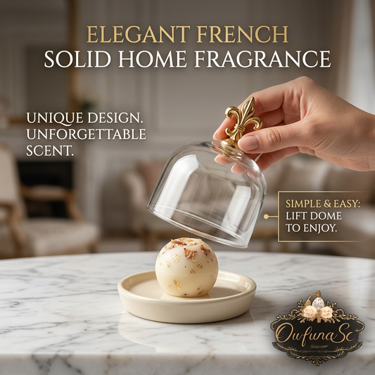 OwfunaSc™ Elegant French Solid Home Fragrance | Scented Wax Sphere with Glass Cloche Dome & Ceramic Dish | Flame-Free Luxury Room Air Freshener & Aesthetic Home Decor Gift