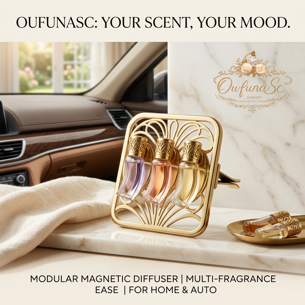 OwfunaSc™ Modular Magnetic Car Air Freshener & Home Diffuser | Multi-Fragrance Aromatherapy Vent Clip | Luxury Gold Auto Perfume Dispenser & Aesthetic Room Decor with 3 Interchangeable Glass Bottles