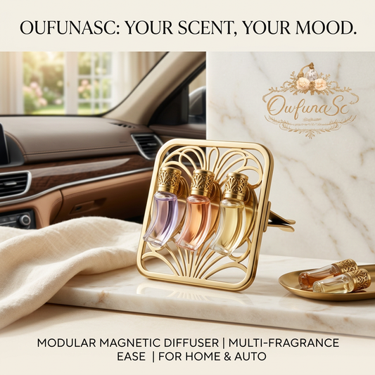 OwfunaSc™ Modular Magnetic Car Air Freshener & Home Diffuser | Multi-Fragrance Aromatherapy Vent Clip | Luxury Gold Auto Perfume Dispenser & Aesthetic Room Decor with 3 Interchangeable Glass Bottles